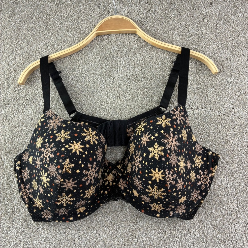 Ambrielle Organic‎ Cotton Demi Bra 40DD Black Gold Snowflake Holiday Racerback